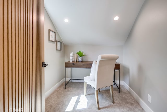 2027 Kornat Dr, Costa Mesa, CA 92626 - home office with carpet flooring, lofted ceiling, baseboards, and recessed lighting