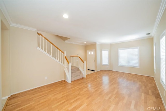 32674 Clearvail Dr, Temecula, CA 92592 - unfurnished living room featuring stairs, light wood-style floors, recessed lighting, baseboards, and ornamental molding