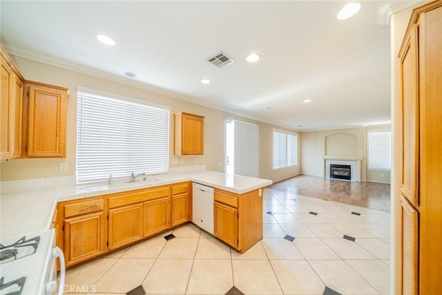 32674 Clearvail Dr, Temecula, CA 92592 - kitchen with white appliances, a sink, a peninsula, a fireplace, and open floor plan