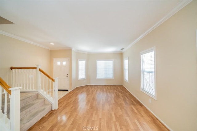 32674 Clearvail Dr, Temecula, CA 92592 - unfurnished living room featuring light wood finished floors, baseboards, stairway, crown molding, and recessed lighting