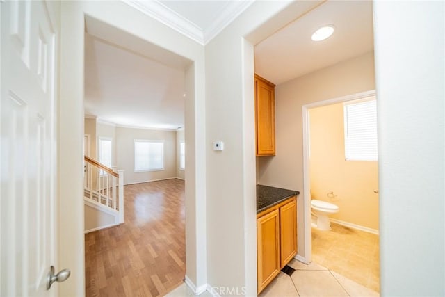 32674 Clearvail Dr, Temecula, CA 92592 - hallway featuring ornamental molding, baseboards, and stairway