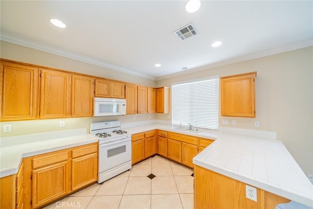 32674 Clearvail Dr, Temecula, CA 92592 - kitchen featuring white appliances, a peninsula, crown molding, light tile patterned floors, and a sink
