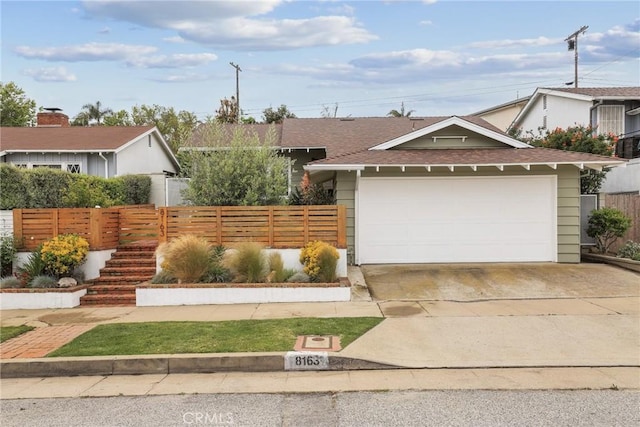 8163 Billowvista Dr, Playa Del Rey, CA 90293 - single story home with an attached garage, a shingled roof, fence, and concrete driveway