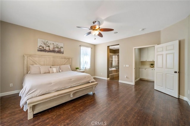 bedroom with baseboards, dark wood-type flooring, and ceiling fan