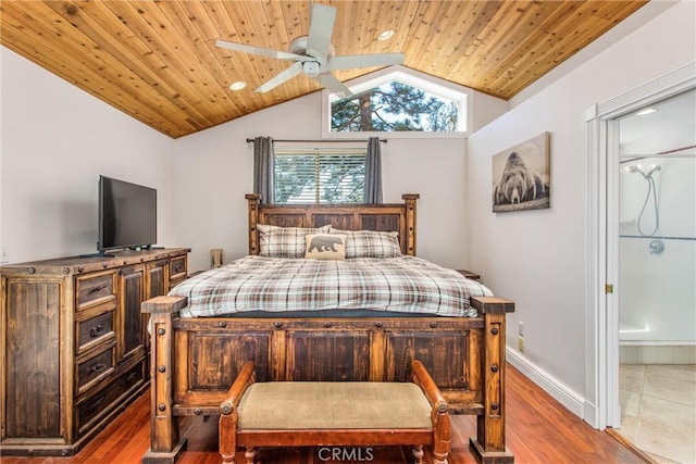 6377 Sugar Pines Cir, Angelus Oaks, CA 92305 - bedroom featuring wooden ceiling, lofted ceiling, wood finished floors, a ceiling fan, and baseboards