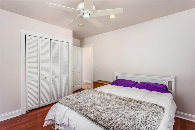 6377 Sugar Pines Cir, Angelus Oaks, CA 92305 - bedroom featuring baseboards, a closet, wood finished floors, recessed lighting, and ceiling fan