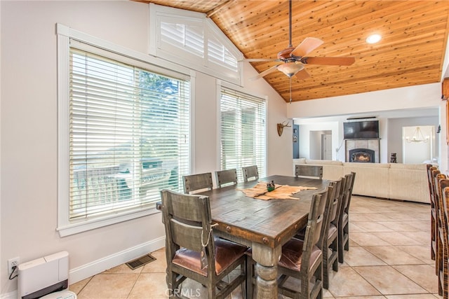 6377 Sugar Pines Cir, Angelus Oaks, CA 92305 - dining area with light tile patterned floors, wooden ceiling, a tiled fireplace, lofted ceiling, and baseboards