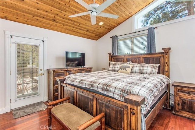 6377 Sugar Pines Cir, Angelus Oaks, CA 92305 - bedroom with access to exterior, wood ceiling, wood finished floors, ceiling fan, and high vaulted ceiling