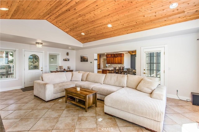 6377 Sugar Pines Cir, Angelus Oaks, CA 92305 - living area featuring light tile patterned floors, wooden ceiling, baseboards, recessed lighting, and high vaulted ceiling
