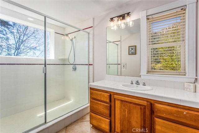 6377 Sugar Pines Cir, Angelus Oaks, CA 92305 - bathroom with a shower stall, vanity, and tile patterned floors