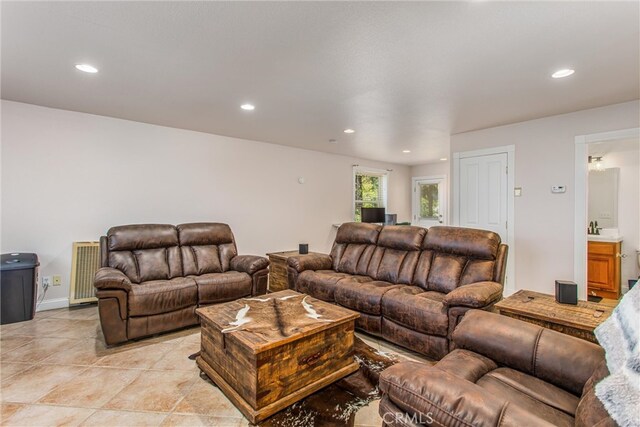 6377 Sugar Pines Cir, Angelus Oaks, CA 92305 - living area featuring recessed lighting, light tile patterned floors, and baseboards