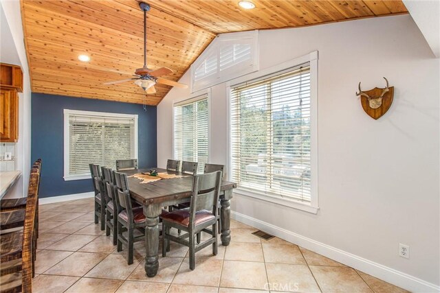 6377 Sugar Pines Cir, Angelus Oaks, CA 92305 - dining space featuring wood ceiling, vaulted ceiling, light tile patterned floors, baseboards, and a ceiling fan
