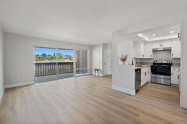 kitchen featuring baseboards, open floor plan, stainless steel electric stove, light wood finished floors, and dishwasher