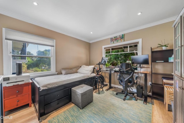 1318 N Marengo Ave, Pasadena, CA 91103 - bedroom featuring light wood-style flooring, crown molding, recessed lighting, and an office area