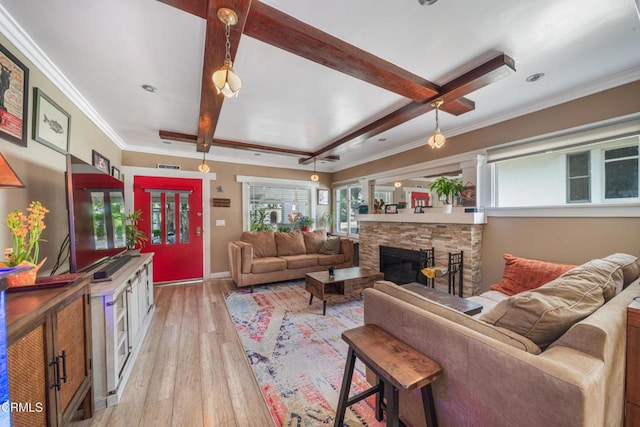 1318 N Marengo Ave, Pasadena, CA 91103 - living room with a fireplace, light wood finished floors, ornamental molding, baseboards, and beamed ceiling