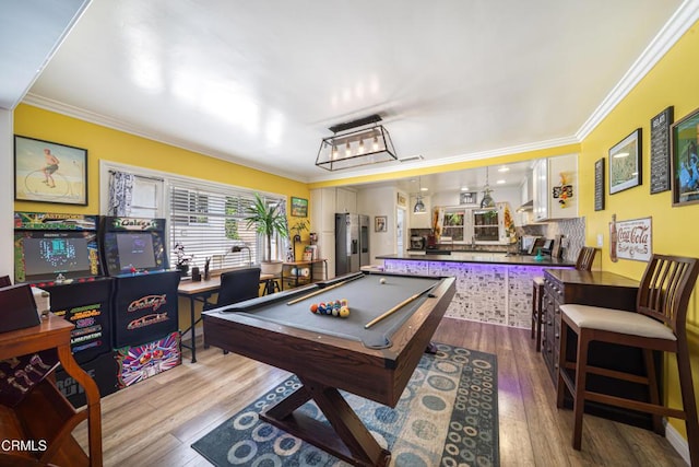 1318 N Marengo Ave, Pasadena, CA 91103 - recreation room featuring dark wood-style floors, billiards table, and ornamental molding