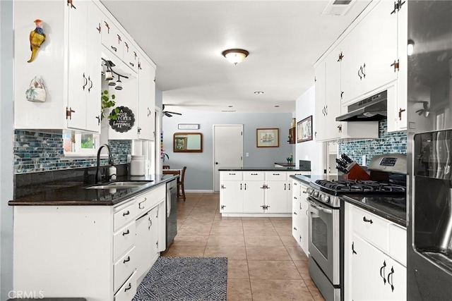 kitchen featuring dark countertops, appliances with stainless steel finishes, a sink, tasteful backsplash, and under cabinet range hood