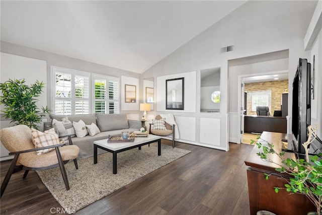 3 Treethorne Cir, Laguna Niguel, CA 92677 - living room with high vaulted ceiling, dark wood-style floors, and visible vents