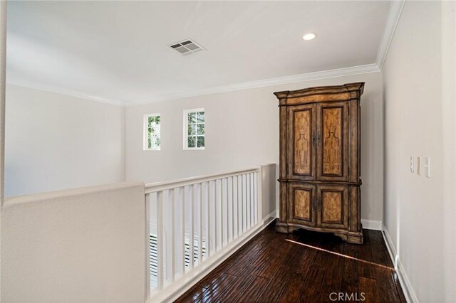 26238 Beecher Ln, Stevenson Ranch, CA 91381 - corridor with dark wood-style flooring, crown molding, and recessed lighting