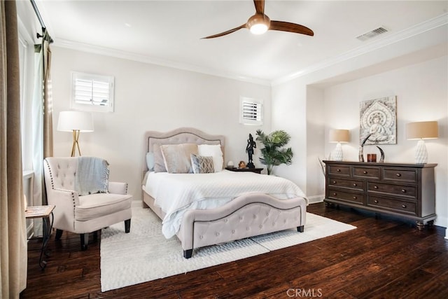 26238 Beecher Ln, Stevenson Ranch, CA 91381 - bedroom featuring dark wood-type flooring, crown molding, and ceiling fan