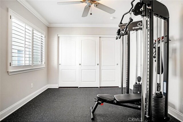 26238 Beecher Ln, Stevenson Ranch, CA 91381 - exercise area with a ceiling fan and crown molding