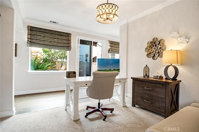26238 Beecher Ln, Stevenson Ranch, CA 91381 - carpeted home office featuring ornamental molding and a chandelier