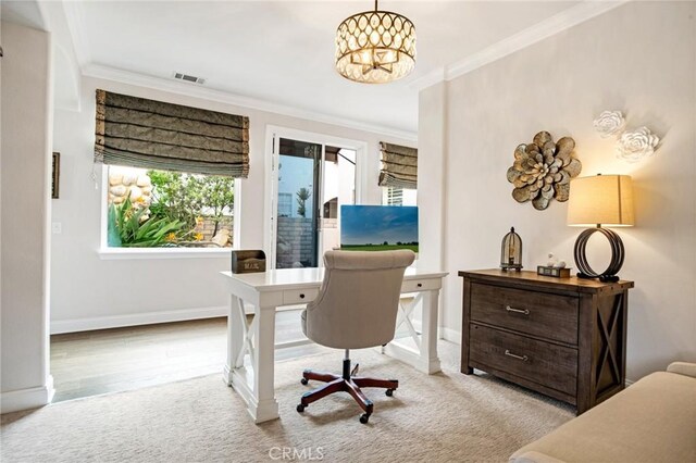 26238 Beecher Ln, Stevenson Ranch, CA 91381 - carpeted home office featuring ornamental molding and a chandelier