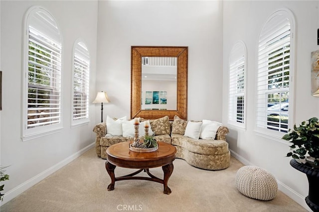 sitting room with baseboards and carpet
