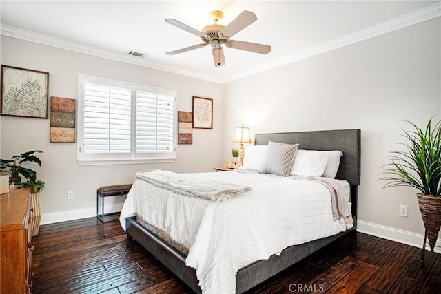 26238 Beecher Ln, Stevenson Ranch, CA 91381 - bedroom featuring dark wood-type flooring, ornamental molding, and ceiling fan