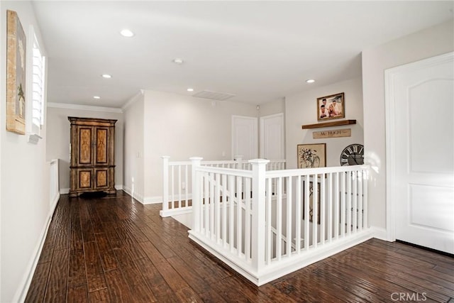 26238 Beecher Ln, Stevenson Ranch, CA 91381 - hall featuring an upstairs landing, recessed lighting, wood-type flooring, and crown molding