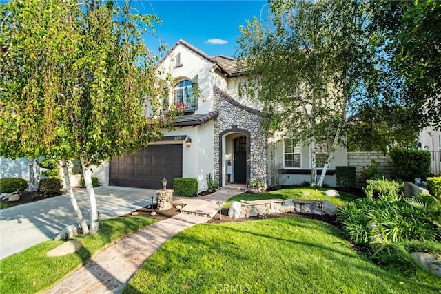 view of front of home featuring a front lawn, a garage, stucco siding, concrete driveway, and a tiled roof