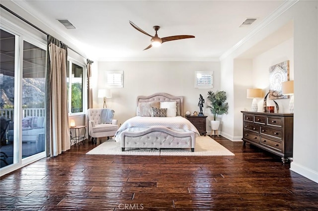 bedroom featuring access to outside, baseboards, visible vents, ornamental molding, and hardwood / wood-style flooring