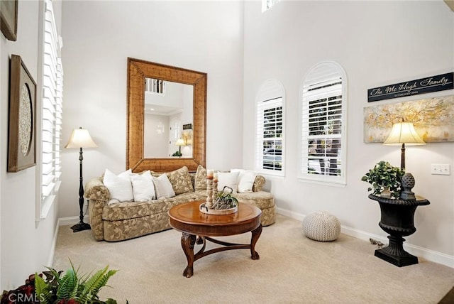 living area featuring baseboards, carpet flooring, and a high ceiling