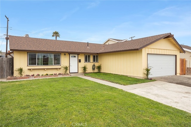 single story home with driveway, fence, a front lawn, an attached garage, and a shingled roof