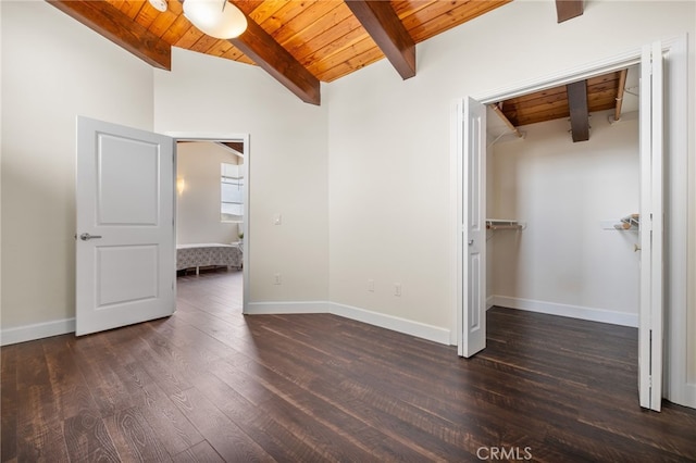 1210 Southwood Dr, San Luis Obispo, CA 93401 - unfurnished bedroom featuring baseboards, lofted ceiling with beams, dark wood-style floors, and wooden ceiling