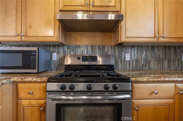 1210 Southwood Dr, San Luis Obispo, CA 93401 - kitchen featuring ventilation hood, light stone countertops, stainless steel appliances, and tasteful backsplash