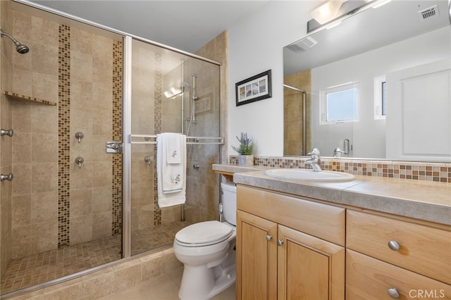 1210 Southwood Dr, San Luis Obispo, CA 93401 - bathroom featuring toilet, visible vents, a shower stall, and vanity
