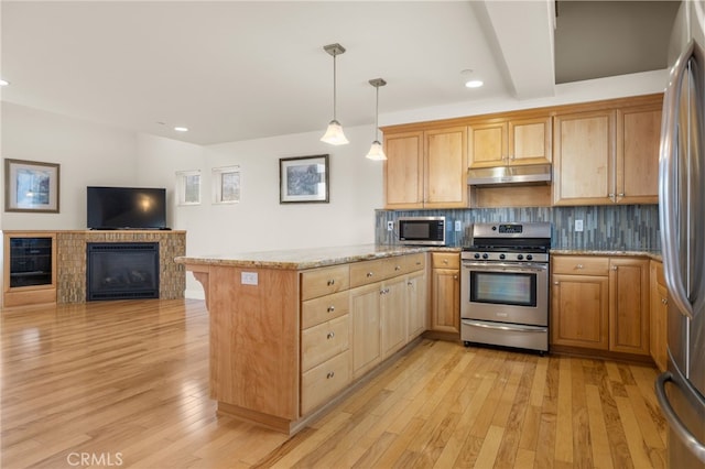 1210 Southwood Dr, San Luis Obispo, CA 93401 - kitchen featuring under cabinet range hood, a peninsula, appliances with stainless steel finishes, and light wood-style flooring