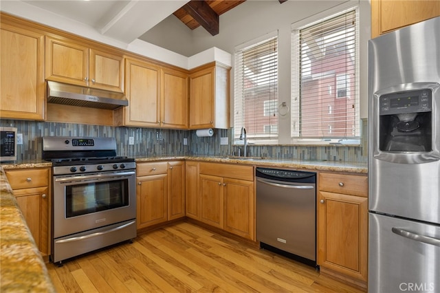 1210 Southwood Dr, San Luis Obispo, CA 93401 - kitchen featuring appliances with stainless steel finishes, a sink, beamed ceiling, light wood finished floors, and under cabinet range hood