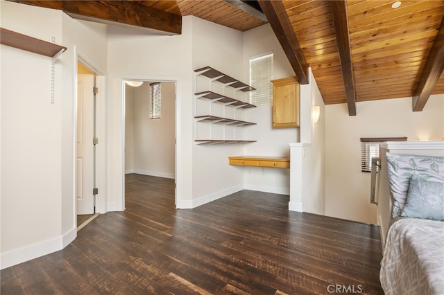 1210 Southwood Dr, San Luis Obispo, CA 93401 - unfurnished bedroom featuring baseboards, dark wood finished floors, wooden ceiling, and vaulted ceiling with beams