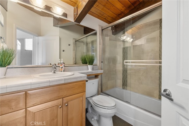 1210 Southwood Dr, San Luis Obispo, CA 93401 - bathroom with combined bath / shower with glass door, toilet, wooden ceiling, and vanity