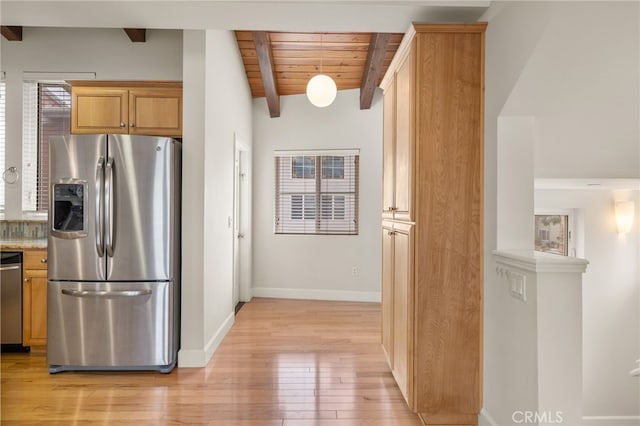 1210 Southwood Dr, San Luis Obispo, CA 93401 - kitchen with beam ceiling, light wood-style flooring, stainless steel appliances, baseboards, and wooden ceiling