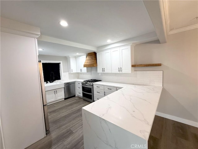 1613 Kane Ave, Simi Valley, CA 93065 - kitchen featuring stainless steel appliances, custom exhaust hood, a peninsula, backsplash, and white cabinets