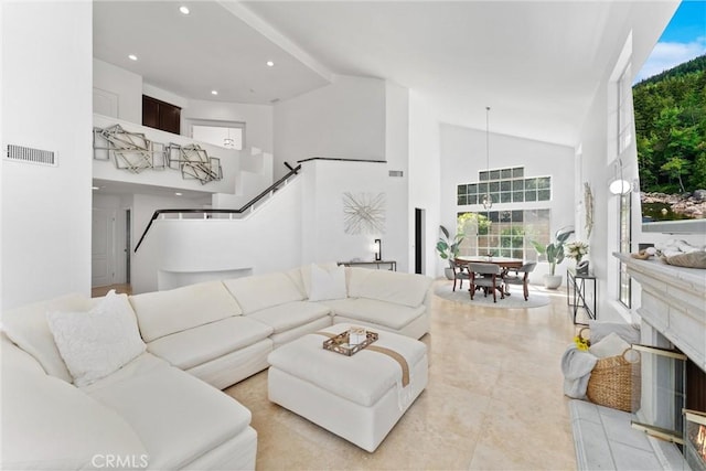 1720 San Alvarado Cir, Corona, CA 92882 - living room with high vaulted ceiling and recessed lighting