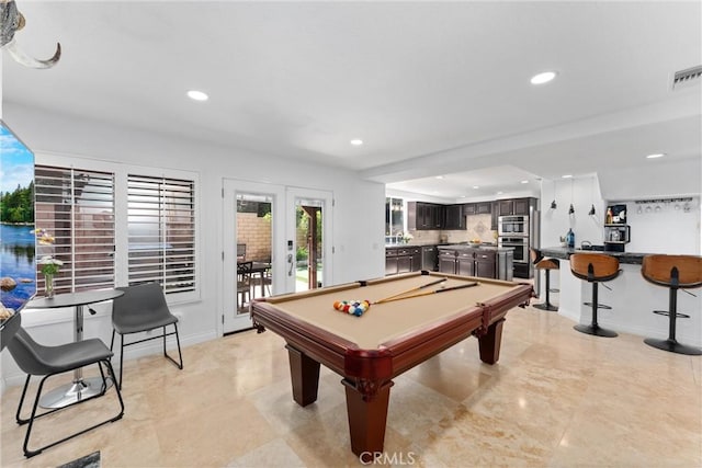 1720 San Alvarado Cir, Corona, CA 92882 - playroom with french doors, recessed lighting, billiards, and baseboards