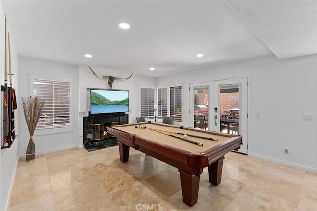 1720 San Alvarado Cir, Corona, CA 92882 - game room with french doors, a high end fireplace, billiards, baseboards, and recessed lighting