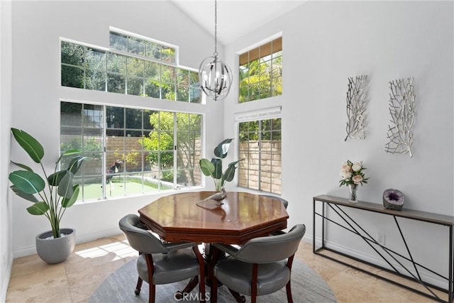 1720 San Alvarado Cir, Corona, CA 92882 - dining space featuring a chandelier, high vaulted ceiling, light tile patterned flooring, and baseboards