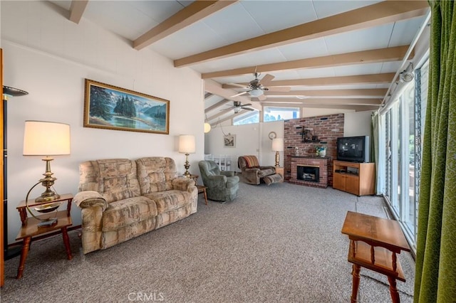 6828 Frontage Rd, Lucerne, CA 95458 - carpeted living room with vaulted ceiling with beams, a ceiling fan, and a brick fireplace