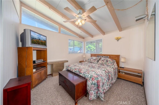 6828 Frontage Rd, Lucerne, CA 95458 - bedroom featuring carpet floors, lofted ceiling with beams, and a ceiling fan