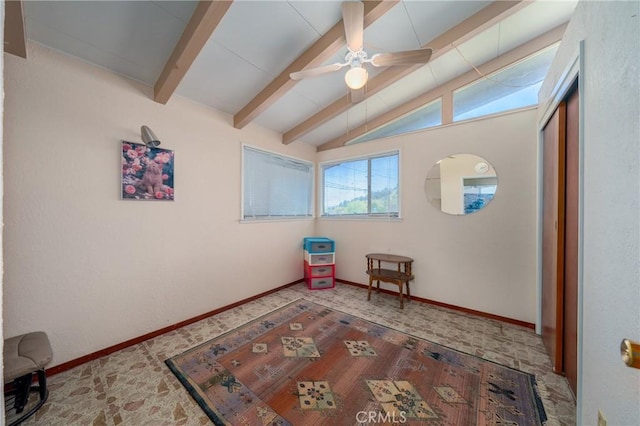6828 Frontage Rd, Lucerne, CA 95458 - interior space with baseboards, ceiling fan, and lofted ceiling with beams